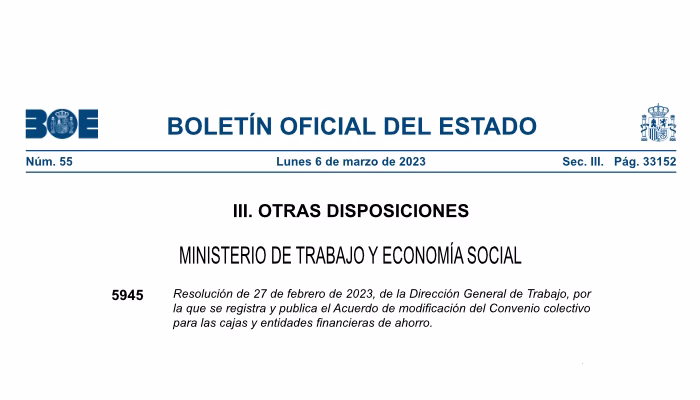 Publicación BOE de Acuerdo de modificación parcial del Convenio colectivo para las cajas y entidades financieras de ahorro
